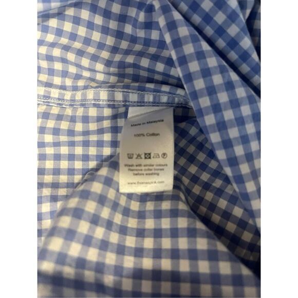 Thomas Pink Mens Blue White Gingham Check Classic Fit Dress Shirt Size 18-37 - Picture 10 of 12